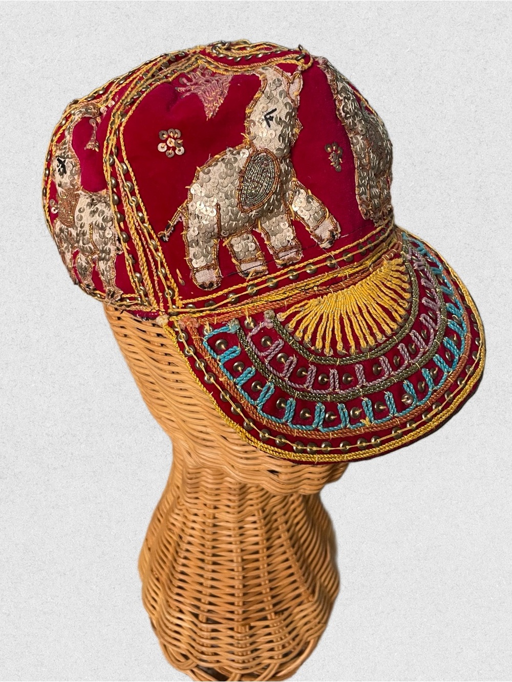 Vintage Embroidered Elephant Motif Red Beaded Baseball Cap